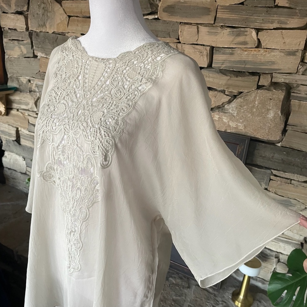 SOLD Johnny Was Tunic embroidered font and back. Semi sheer oversized ivory